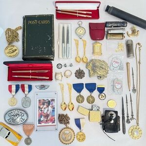 Vintage Men’s Junk Drawer Lot Medals Buckles Pens Lighter Watch Ring